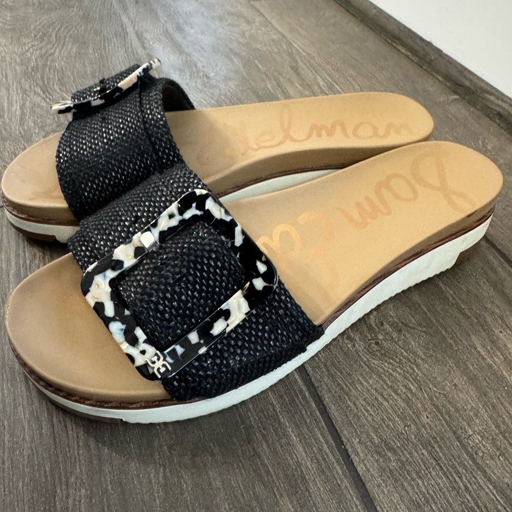 Sam Edelman Black and White Buckle Slide Sandals